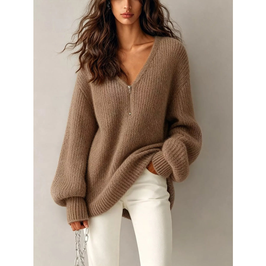 Quarter Zip Dropped Shoulder Sweater Brown / S Apparel and Accessories