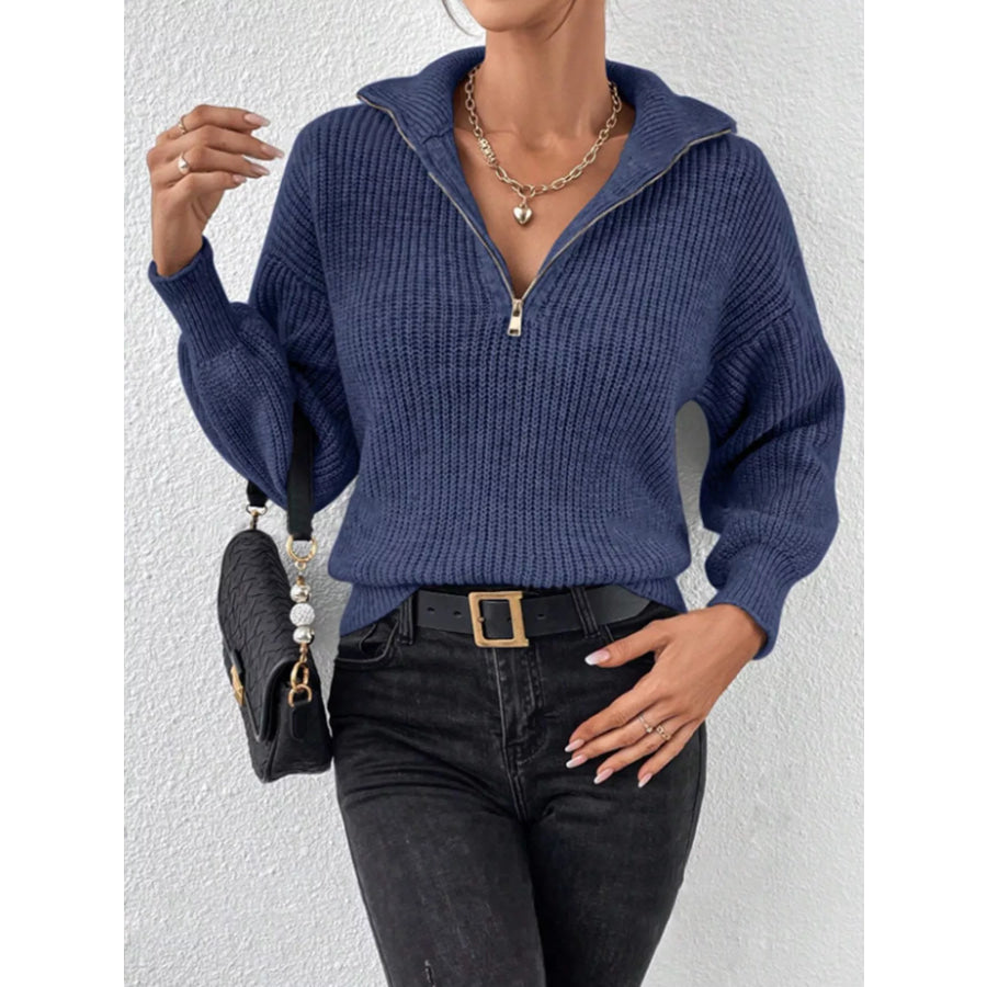 Quarter-Zip Dropped Shoulder Sweater Dark Blue / S Apparel and Accessories
