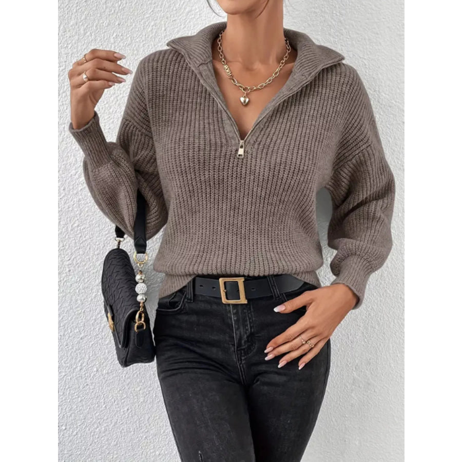 Quarter-Zip Dropped Shoulder Sweater Dark Brown / S Apparel and Accessories