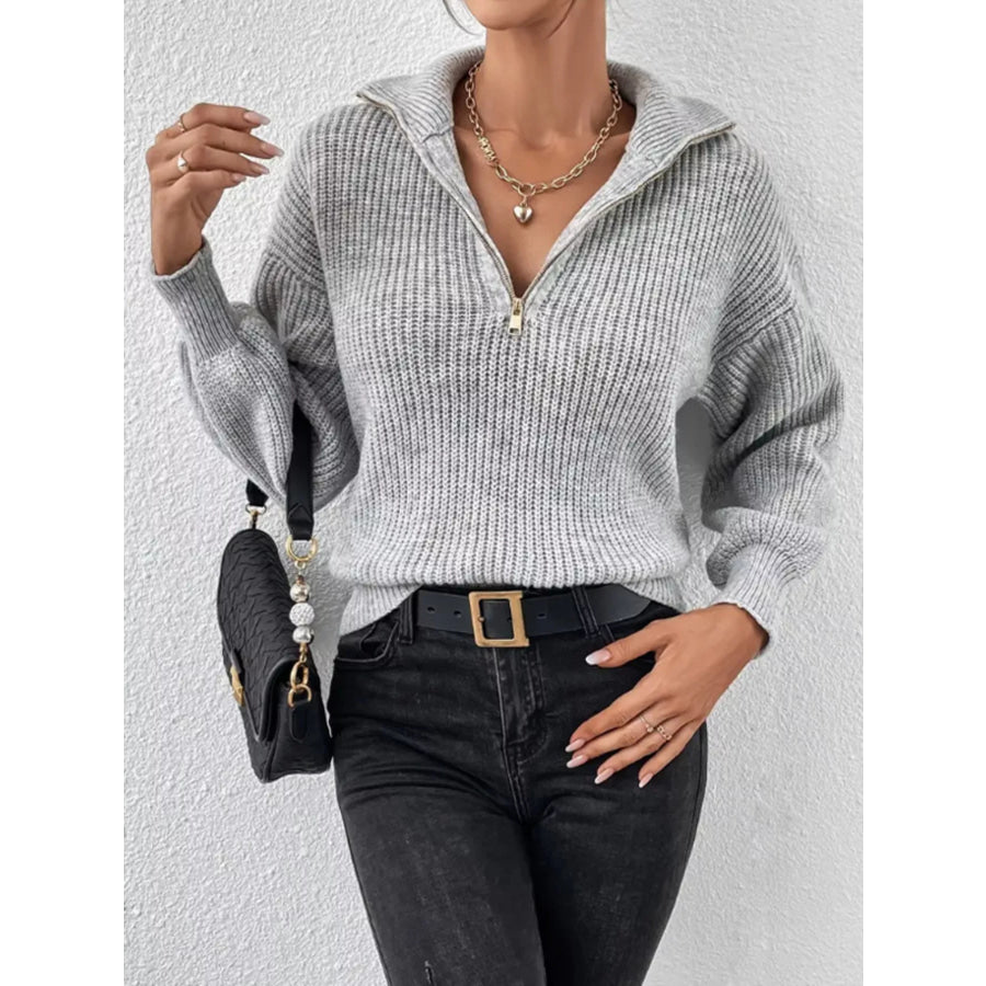 Quarter-Zip Dropped Shoulder Sweater Gray / S Apparel and Accessories