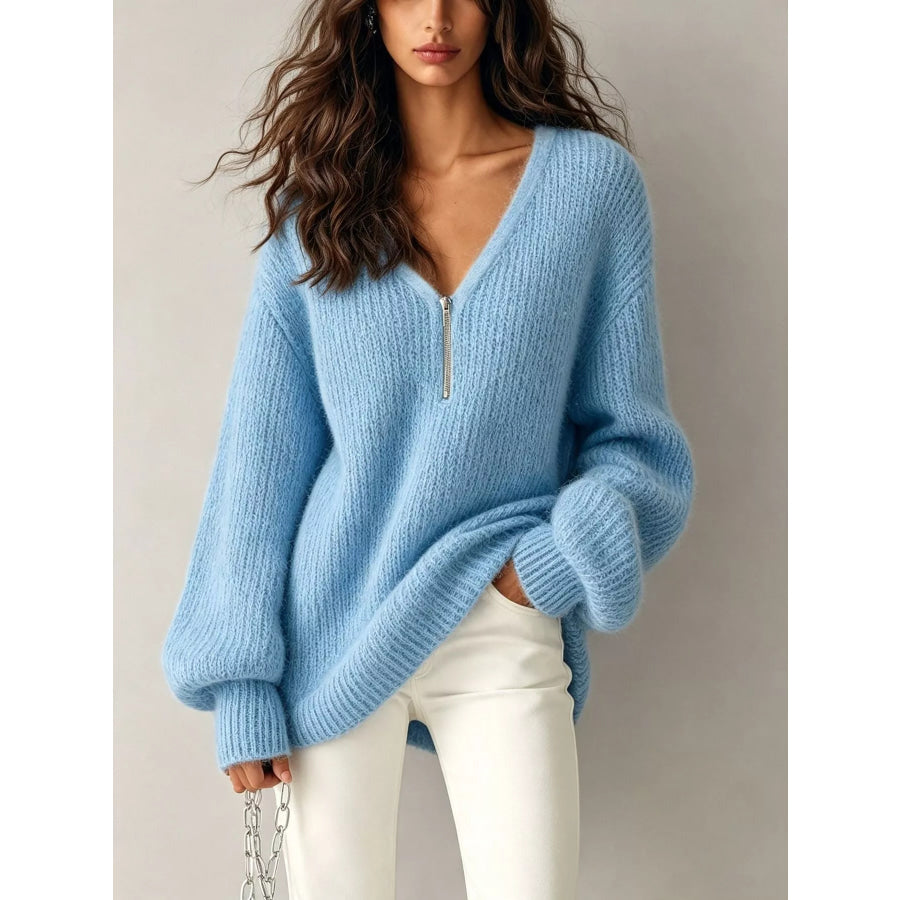 Quarter Zip Dropped Shoulder Sweater Light Blue / S Apparel and Accessories