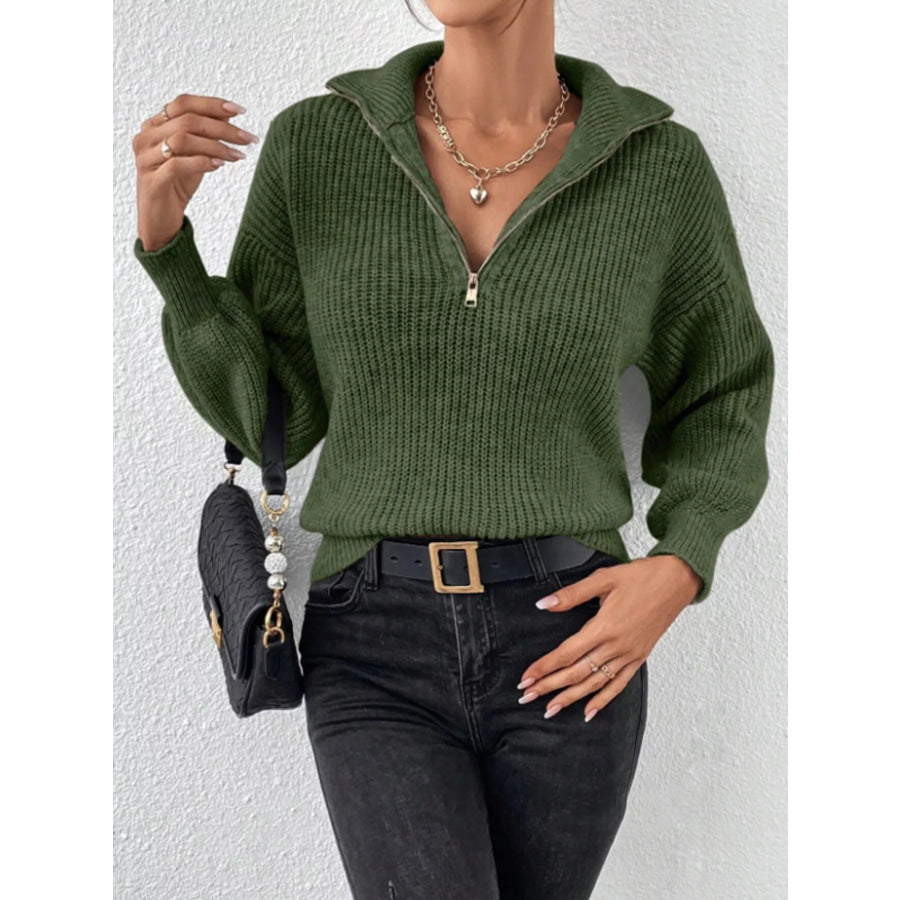 Quarter-Zip Dropped Shoulder Sweater Military Green / S Apparel and Accessories