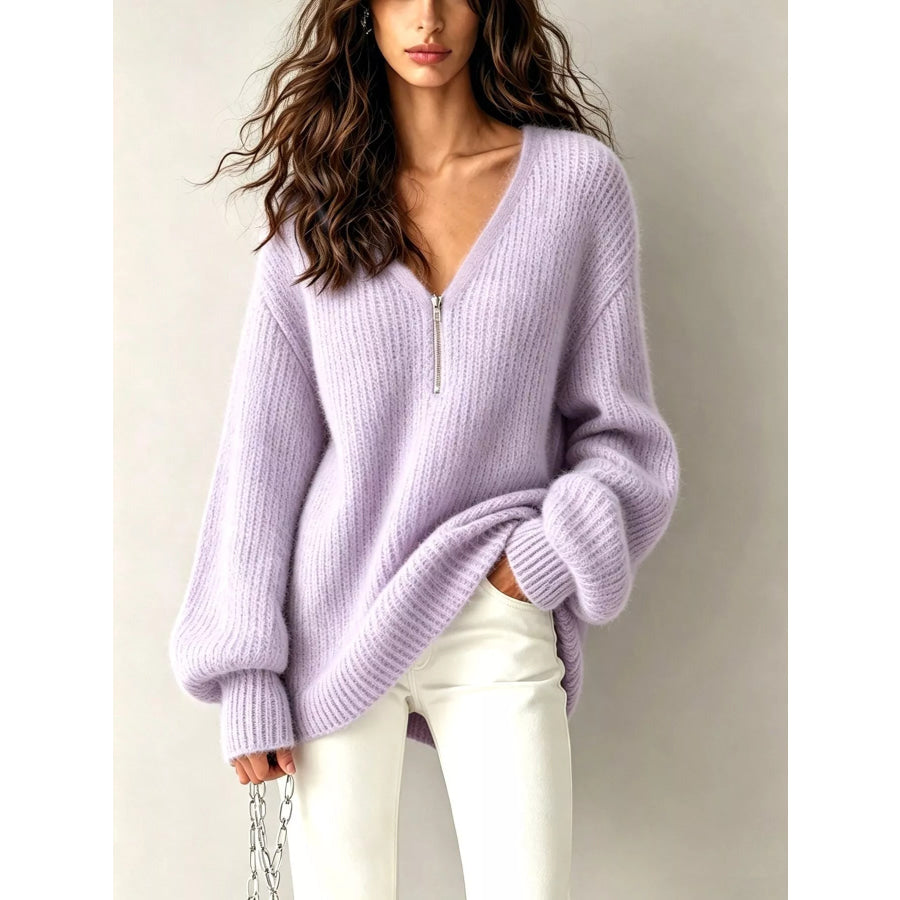 Quarter Zip Dropped Shoulder Sweater Pink Purple / S Apparel and Accessories