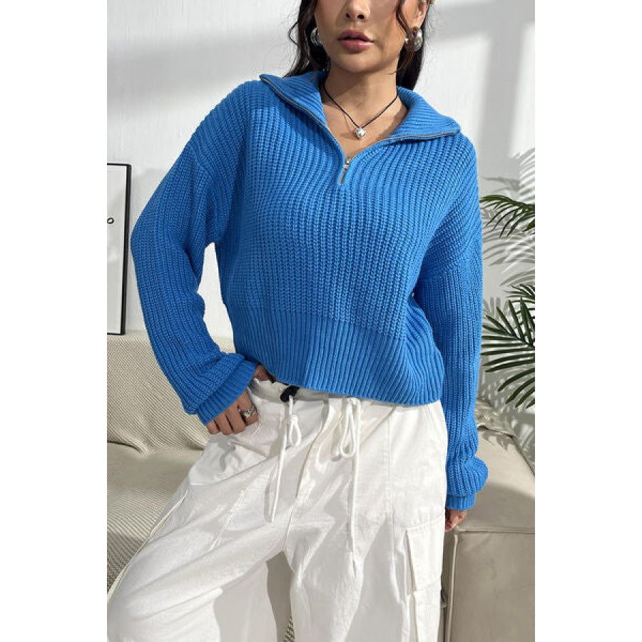 Quarter Zip Dropped Shoulder Sweater Sky Blue / S Clothing