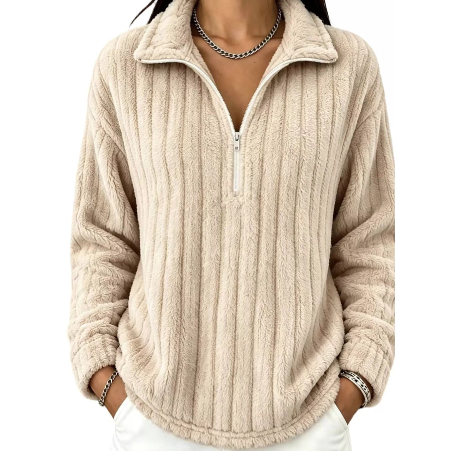 Quarter-Zip Dropped Shoulder Sweatshirt Beige / S Apparel and Accessories