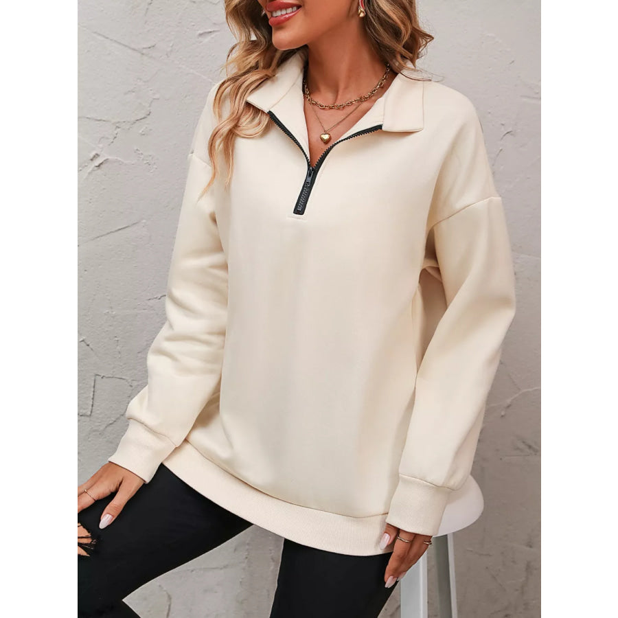 Quarter Zip Dropped Shoulder Sweatshirt Beige / S Apparel and Accessories