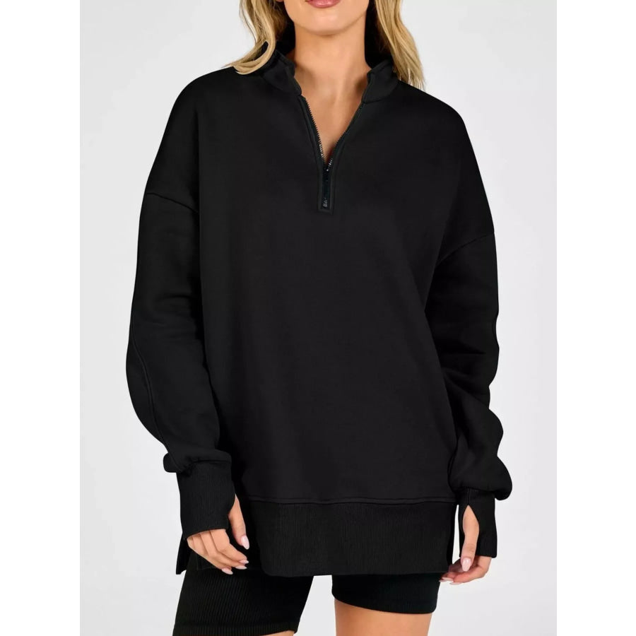 Quarter-Zip Dropped Shoulder Sweatshirt Black / S Apparel and Accessories