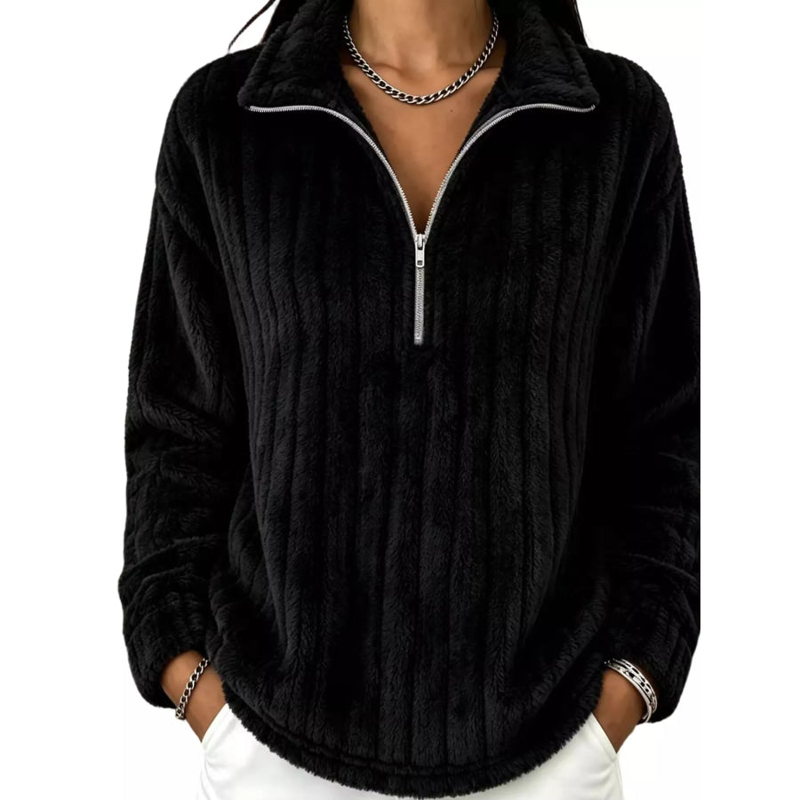 Quarter-Zip Dropped Shoulder Sweatshirt Black / S Apparel and Accessories