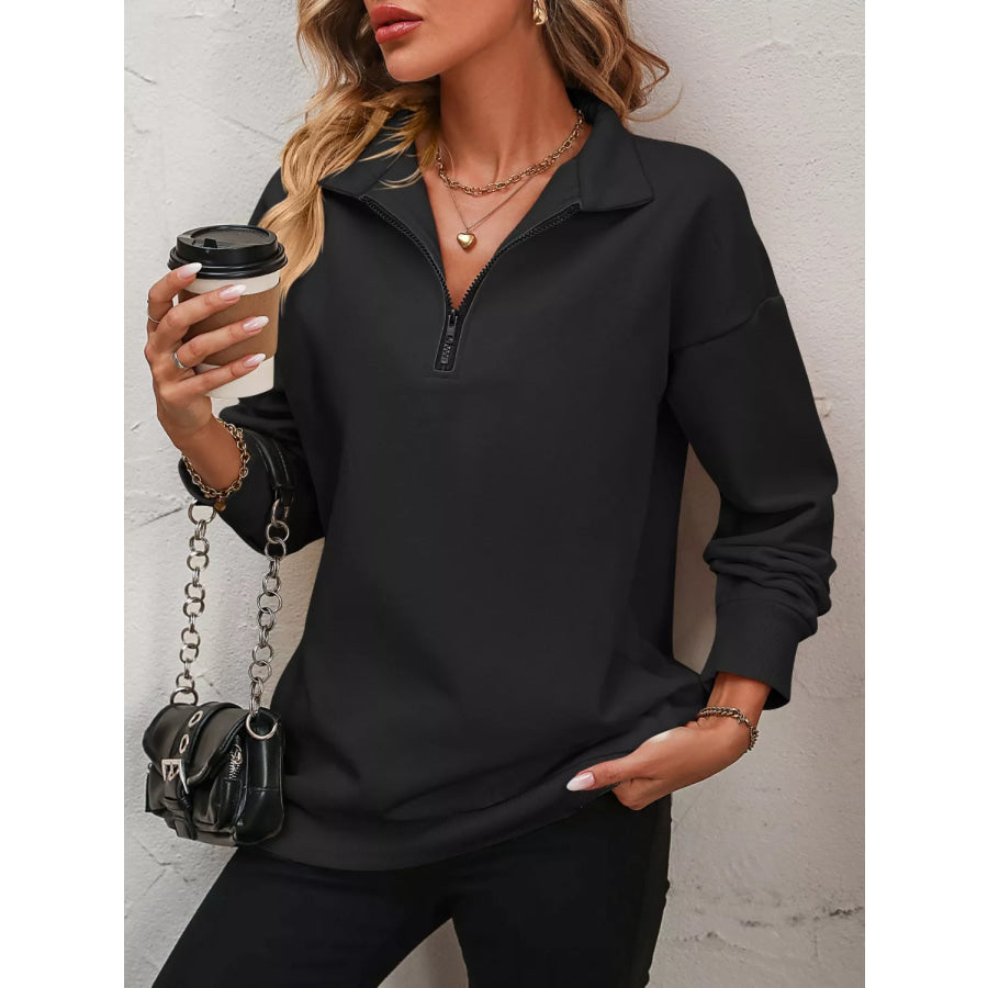 Quarter Zip Dropped Shoulder Sweatshirt Black / S Apparel and Accessories