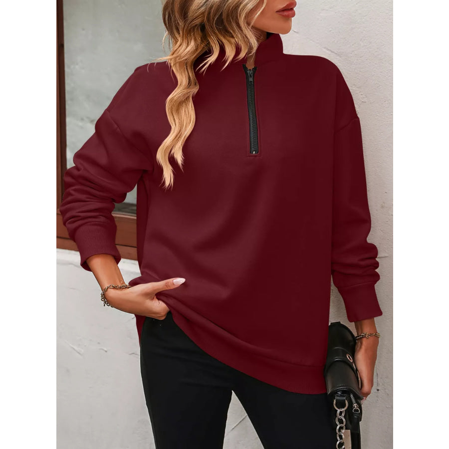 Quarter Zip Dropped Shoulder Sweatshirt Burgundy / S Apparel and Accessories