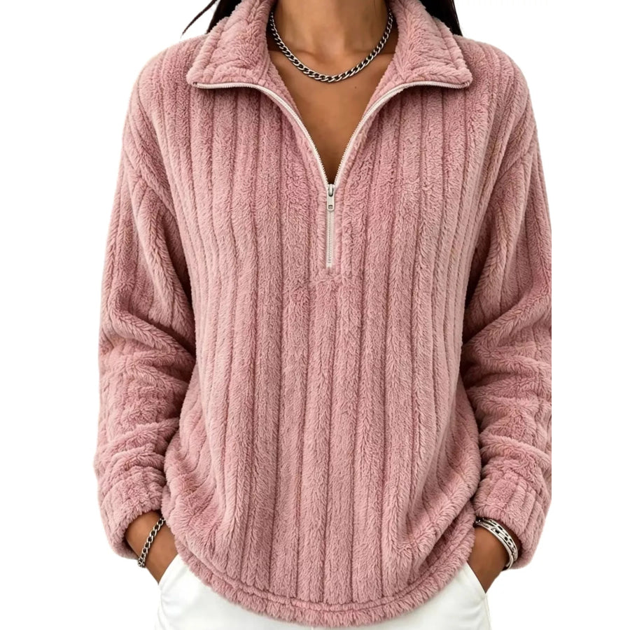 Quarter-Zip Dropped Shoulder Sweatshirt Dusty Pink / S Apparel and Accessories