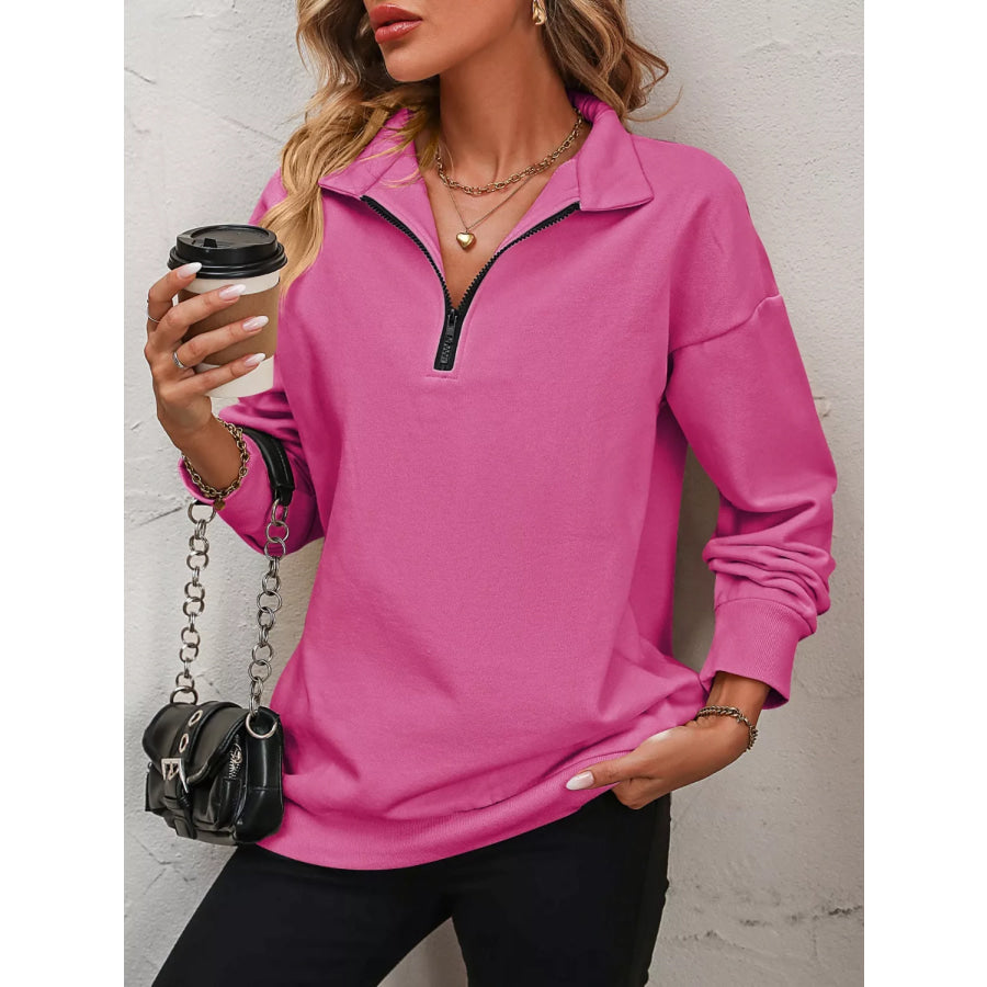 Quarter Zip Dropped Shoulder Sweatshirt Fuchsia Pink / S Apparel and Accessories