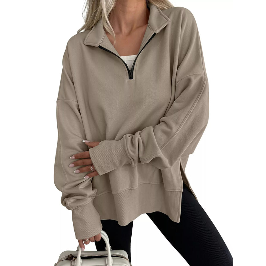 Quarter-Zip Dropped Shoulder Sweatshirt Khaki / S Apparel and Accessories