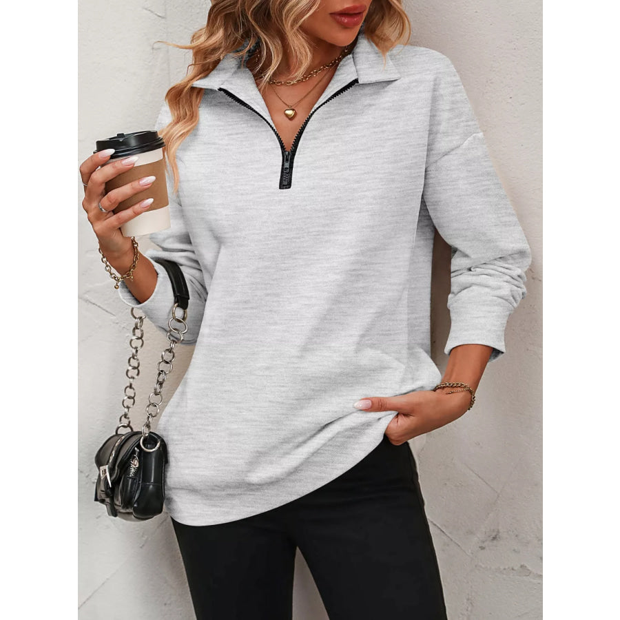 Quarter Zip Dropped Shoulder Sweatshirt Light Gray / S Apparel and Accessories
