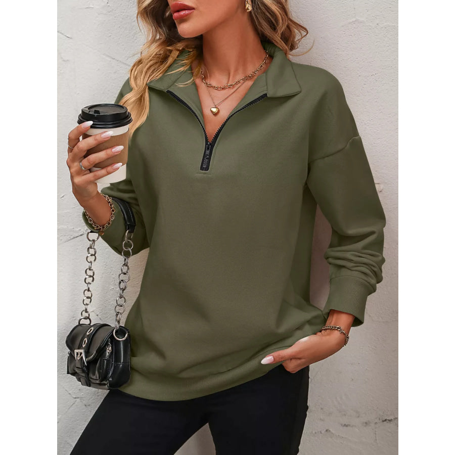 Quarter Zip Dropped Shoulder Sweatshirt Moss / S Apparel and Accessories
