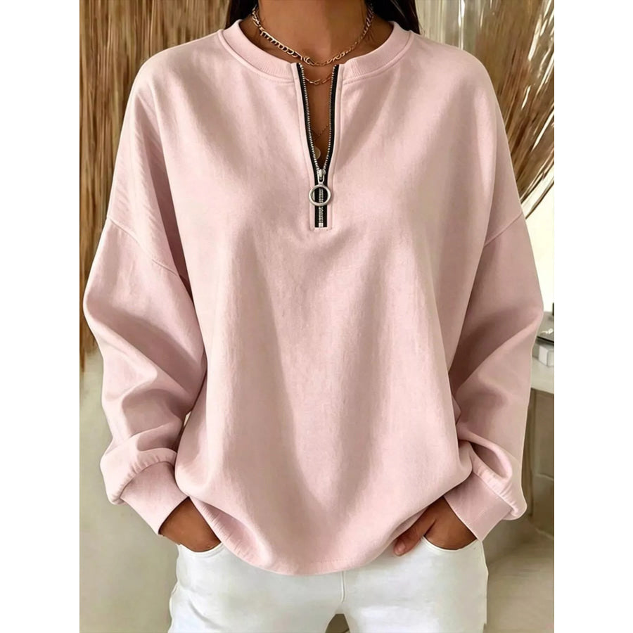 Quarter-Zip Dropped Shoulder Sweatshirt Pale Blush / S Apparel and Accessories