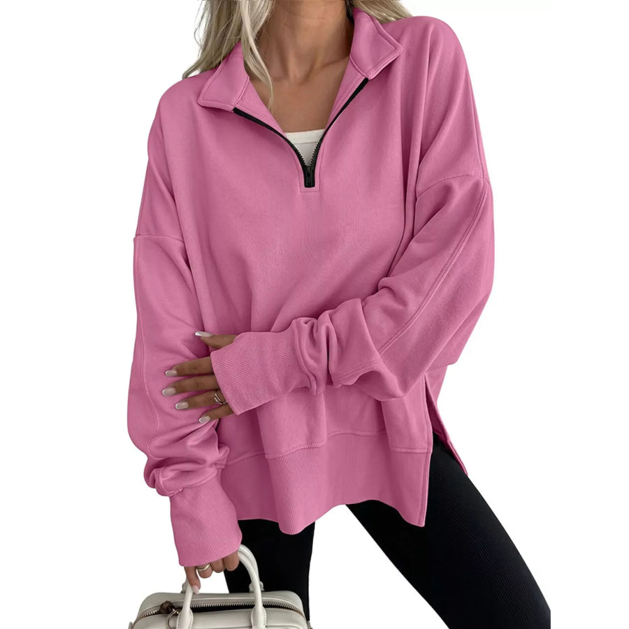 Quarter-Zip Dropped Shoulder Sweatshirt Pink / S Apparel and Accessories