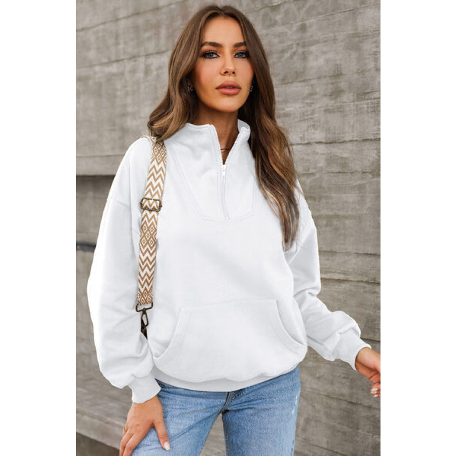 Quarter Zip Dropped Shoulder Sweatshirt White / S Apparel and Accessories