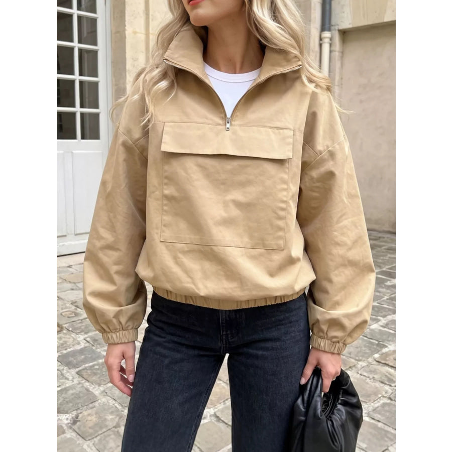 Quarter Zip Front Flap Pocket Top Khaki / S Apparel and Accessories