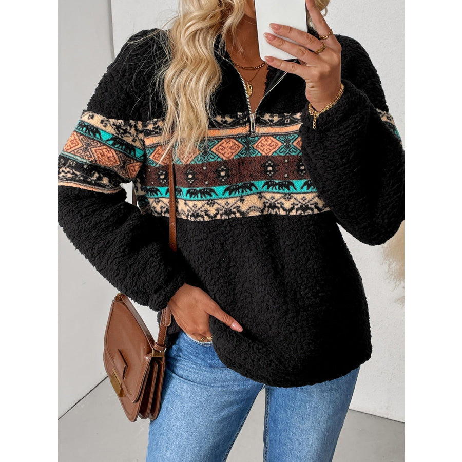 Quarter Zip Geometric Long Sleeve Sweatshirt Apparel and Accessories