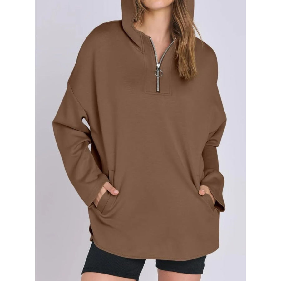 Quarter Zip Long Sleeve Hoodie Brown / S Apparel and Accessories