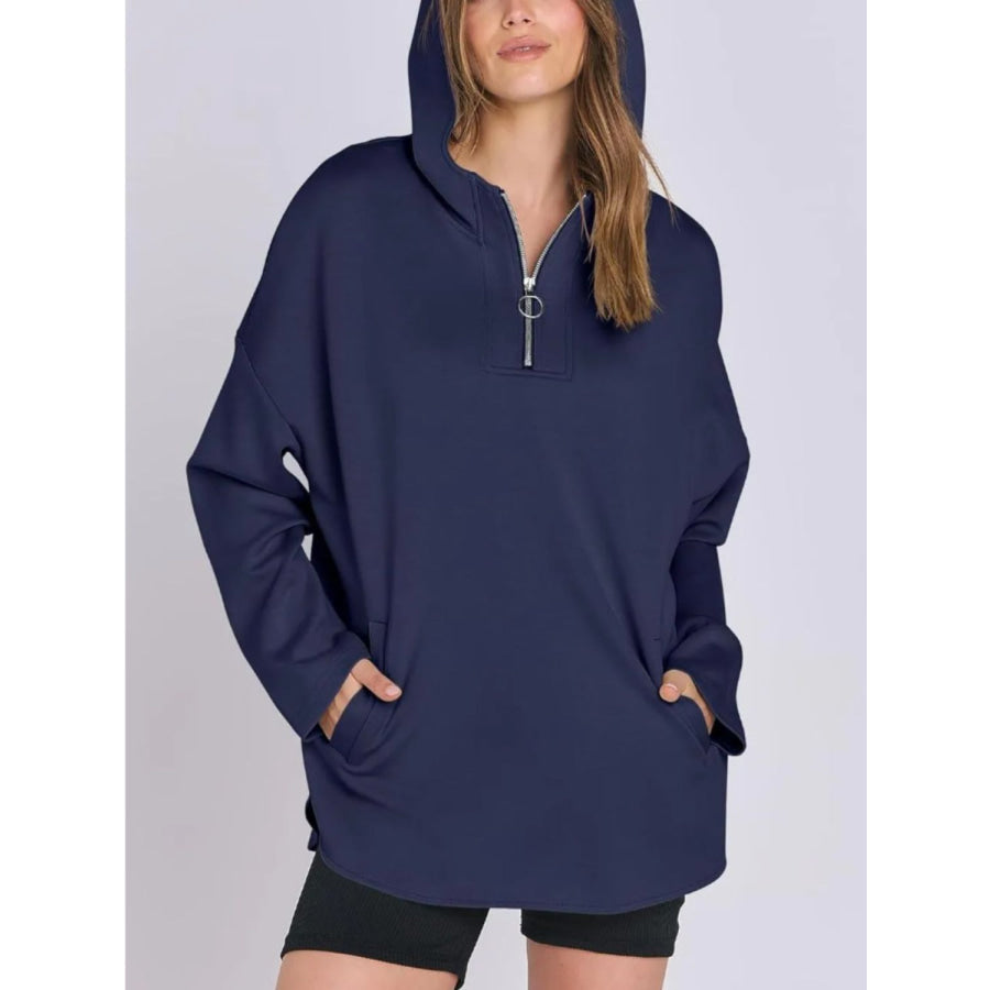 Quarter Zip Long Sleeve Hoodie Dark Blue / S Apparel and Accessories