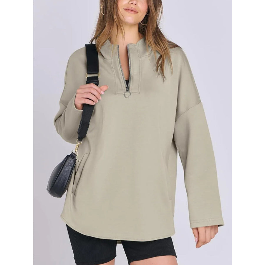 Quarter Zip Long Sleeve Hoodie Khaki / S Apparel and Accessories