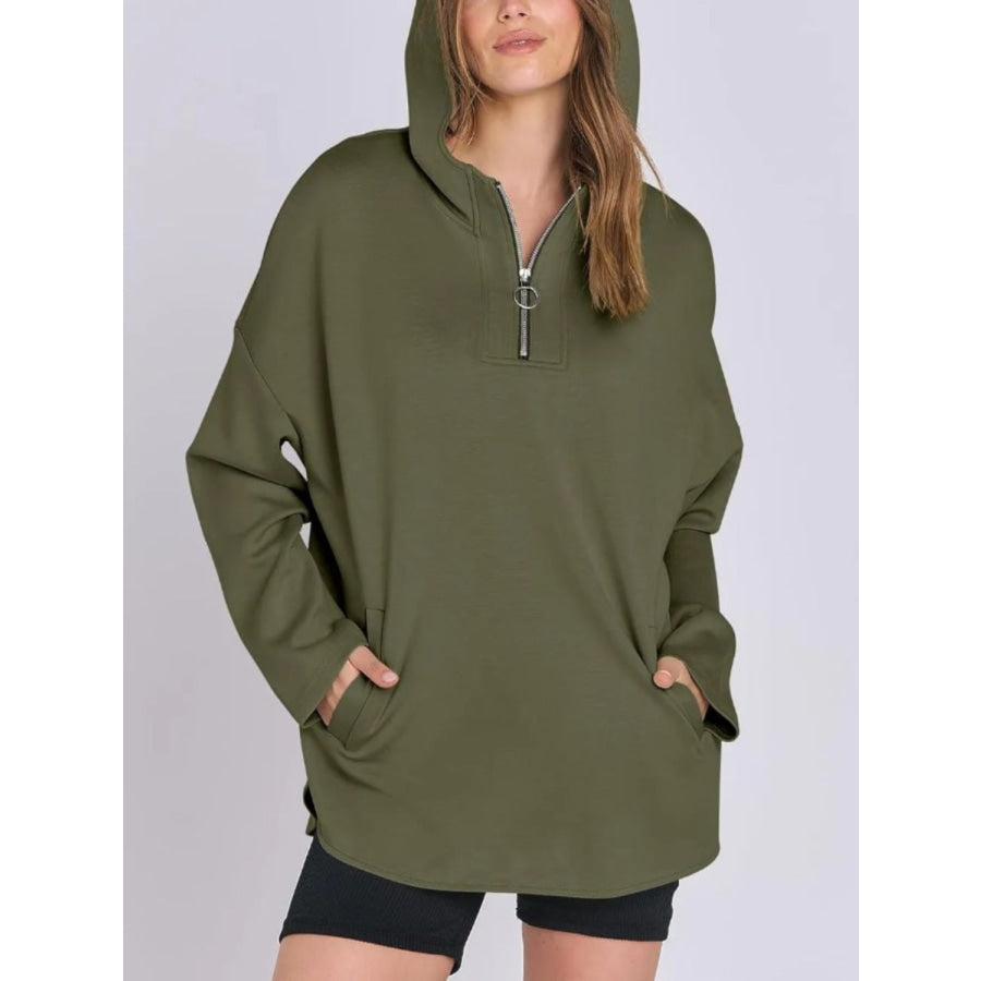 Quarter Zip Long Sleeve Hoodie Moss / S Apparel and Accessories