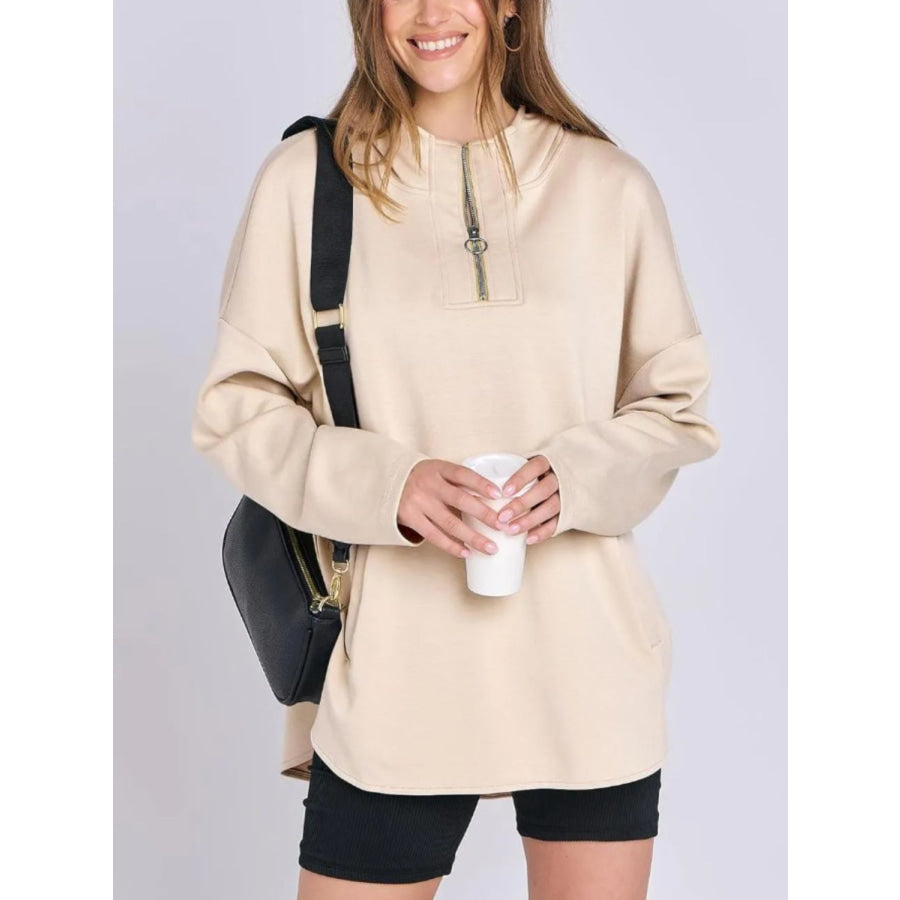 Quarter Zip Long Sleeve Hoodie Tan / S Apparel and Accessories