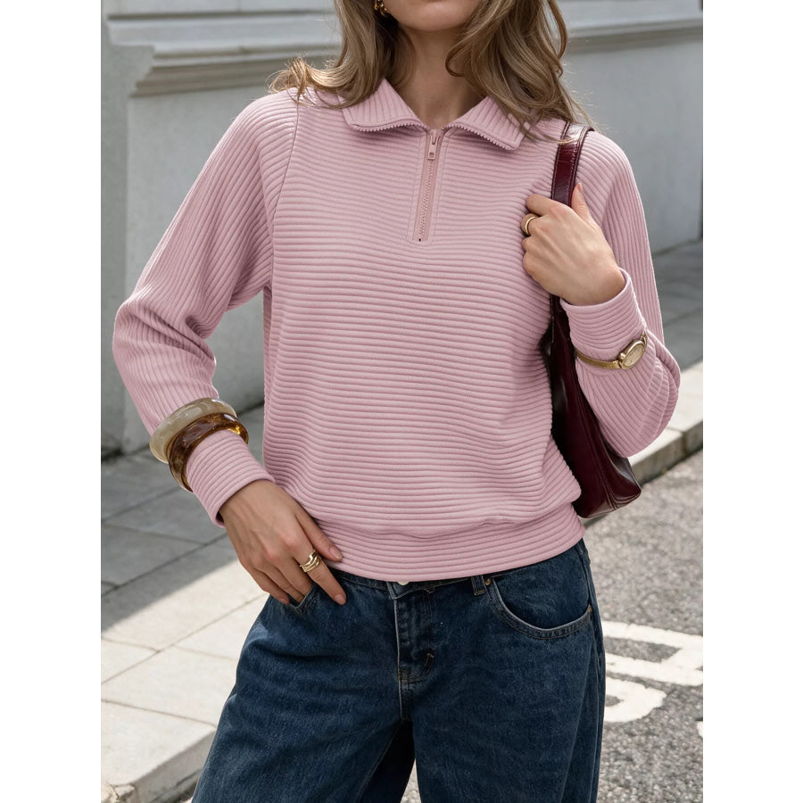 Quarter-Zip Long Sleeve Sweatshirt Pink / S Apparel and Accessories