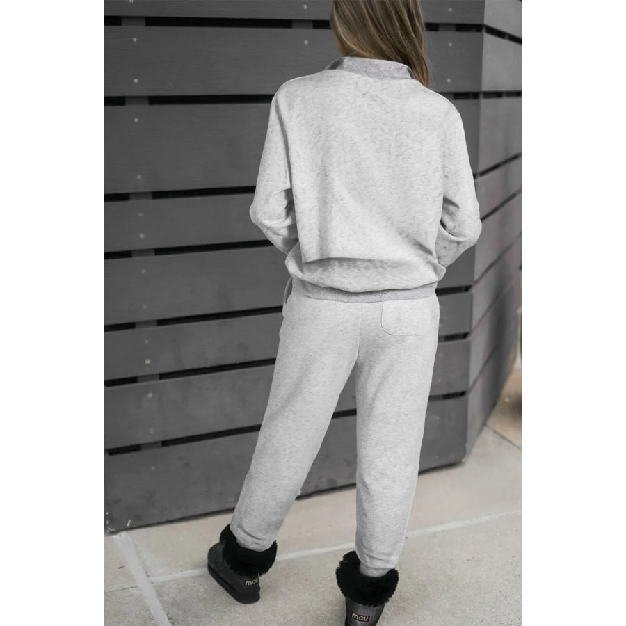 Quarter Zip Long Sleeve Top and Drawstring Pants Set Light Gray / S Apparel and Accessories