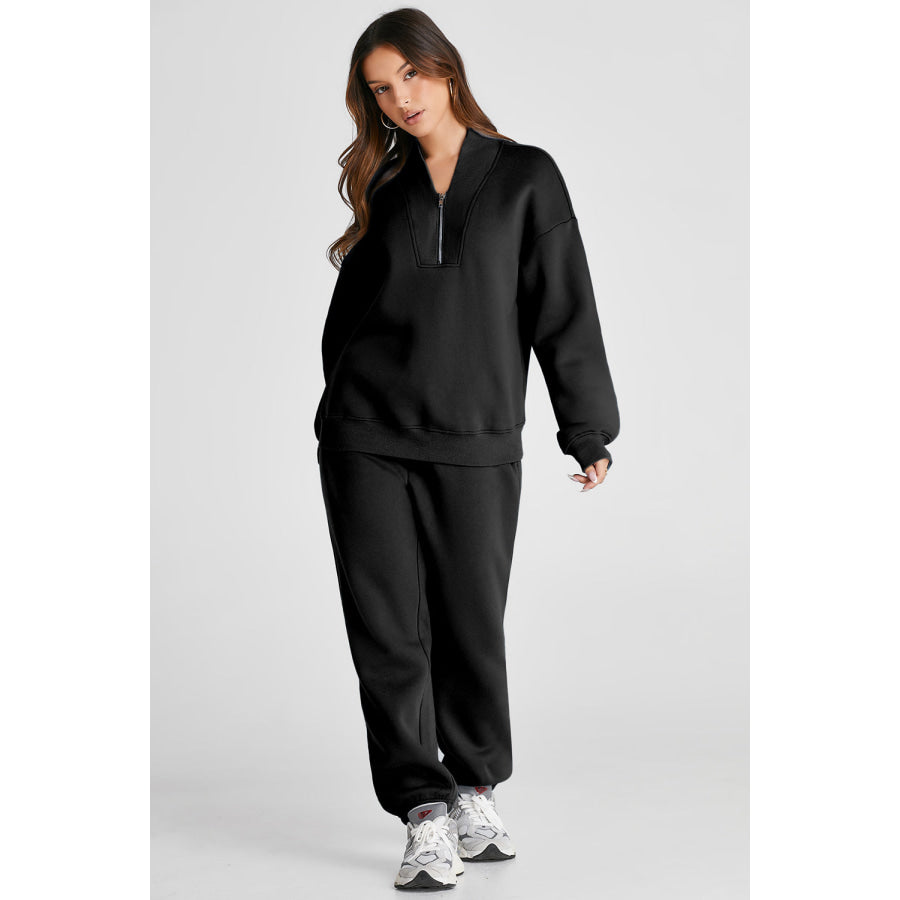 Quarter Zip Long Sleeve Top and Pants Set Black / S Apparel and Accessories