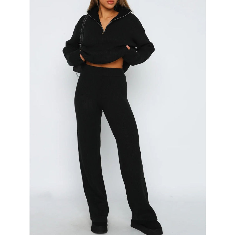 Quarter Zip Long Sleeve Top and Pants Set Black / One Size Apparel and Accessories