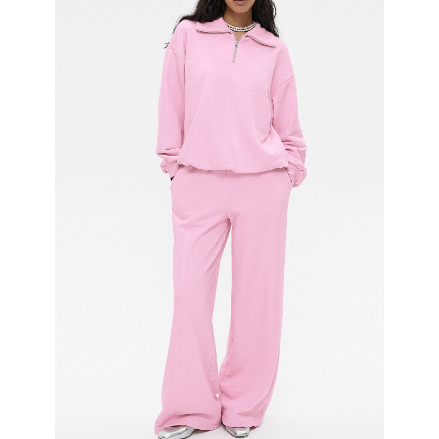 Quarter Zip Long Sleeve Top and Pants Set Blush Pink / S Apparel and Accessories