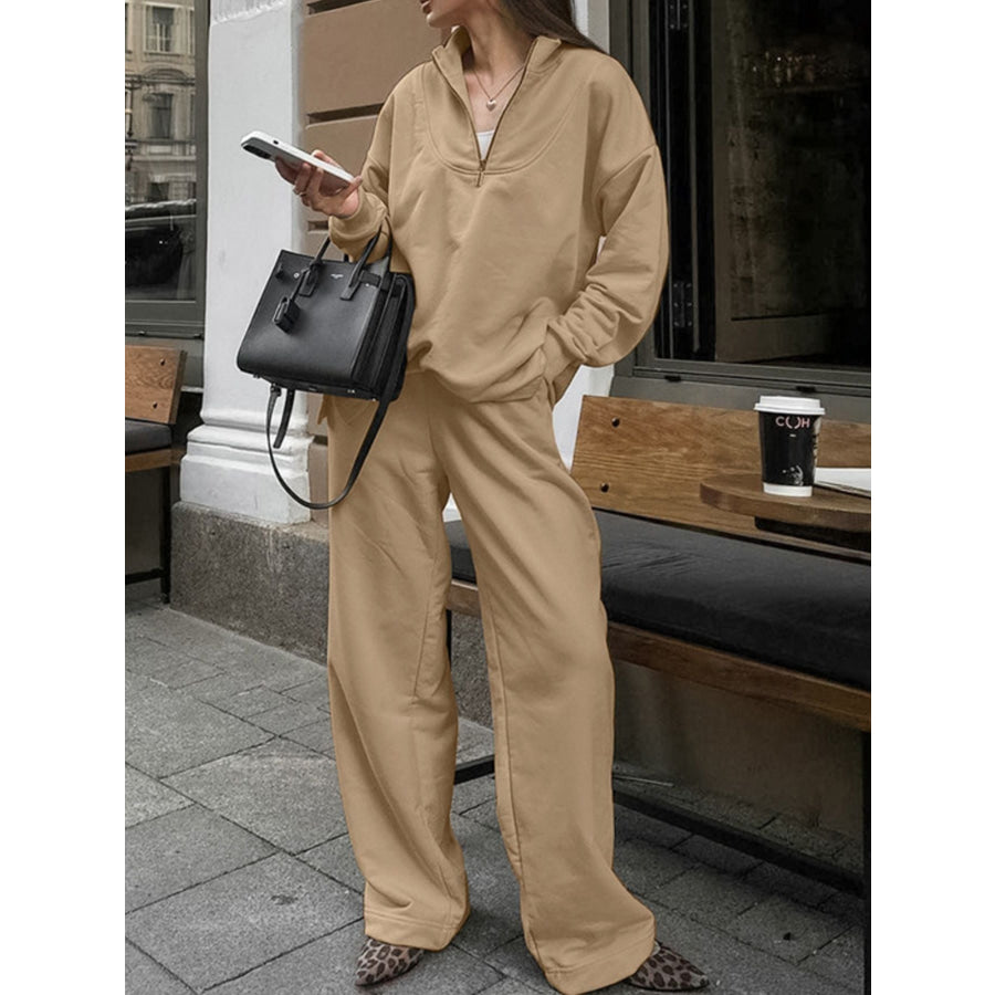 Quarter Zip Long Sleeve Top and Pants Set Camel / S Apparel and Accessories