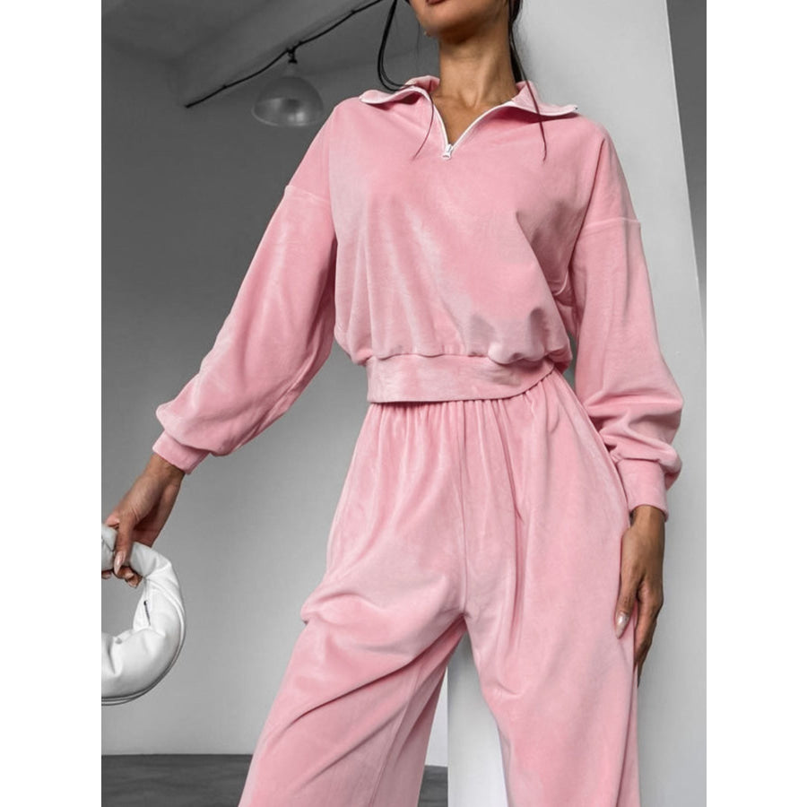 Quarter Zip Long Sleeve Top and Pants Set Dusty Pink / S Apparel and Accessories