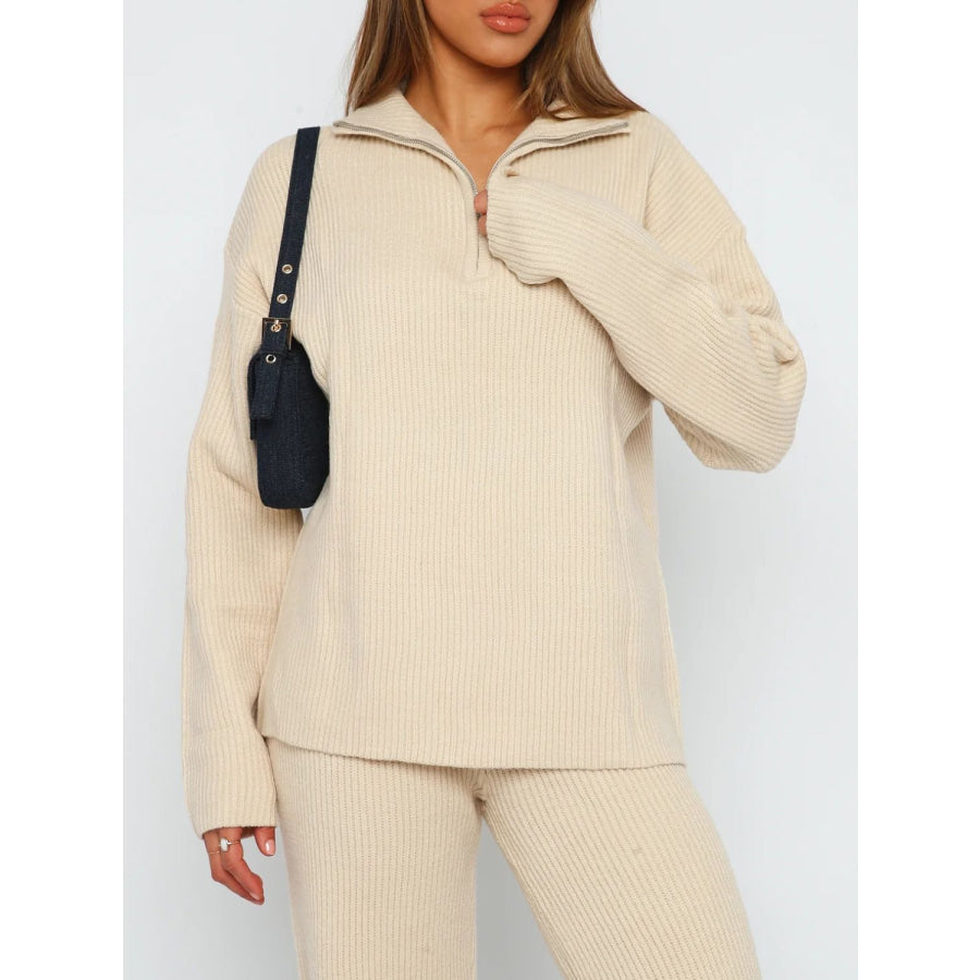 Quarter Zip Long Sleeve Top and Pants Set Tan / One Size Apparel and Accessories