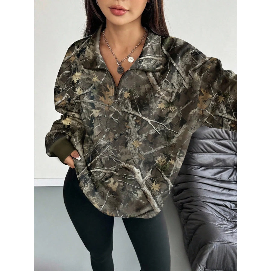 Quarter-Zip Printed Sweatshirt with Ribbed Cuffs Dark Military Green / S Apparel and Accessories