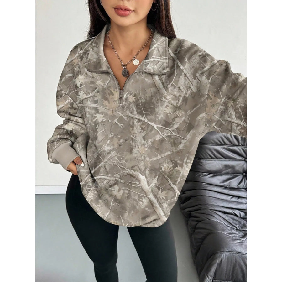 Quarter-Zip Printed Sweatshirt with Ribbed Cuffs Khaki / S Apparel and Accessories