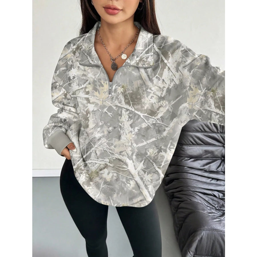 Quarter-Zip Printed Sweatshirt with Ribbed Cuffs Light Gray / S Apparel and Accessories