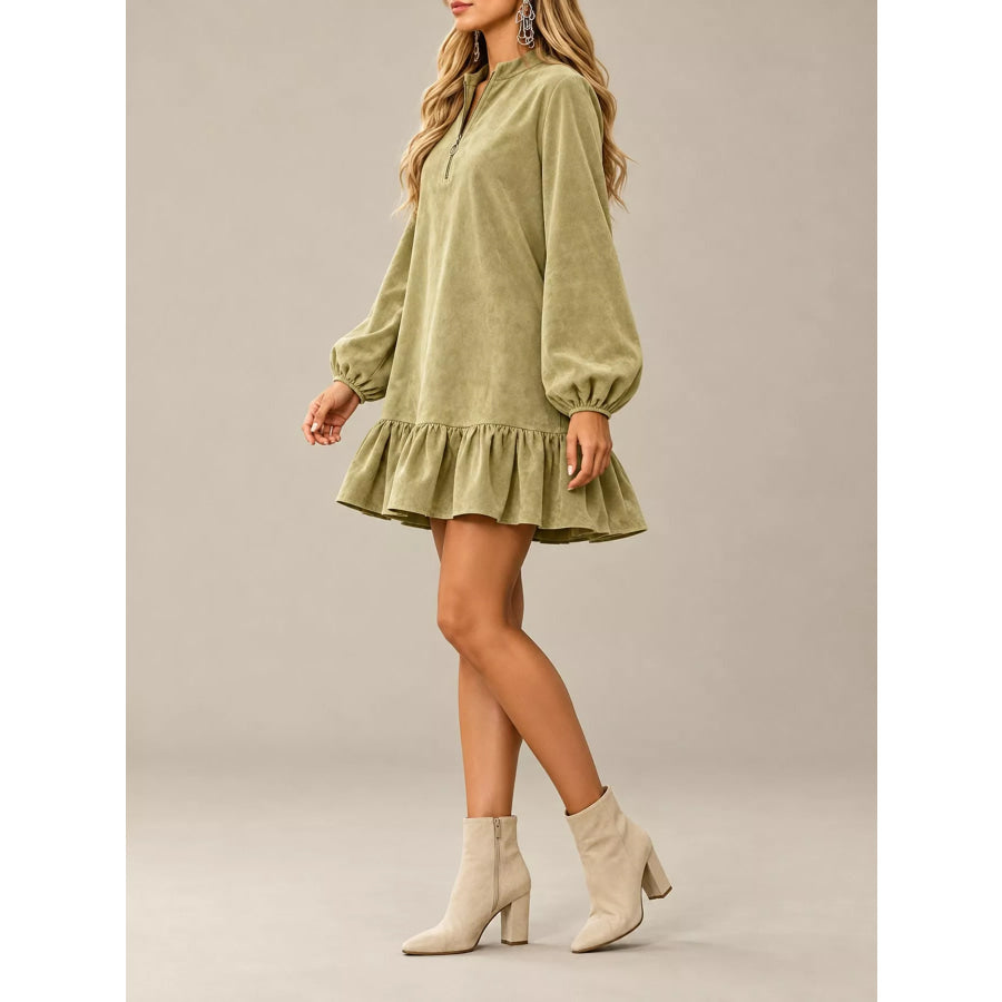 Quarter-Zip Ruffle Hem Mini Dress Matcha Green / S Apparel and Accessories