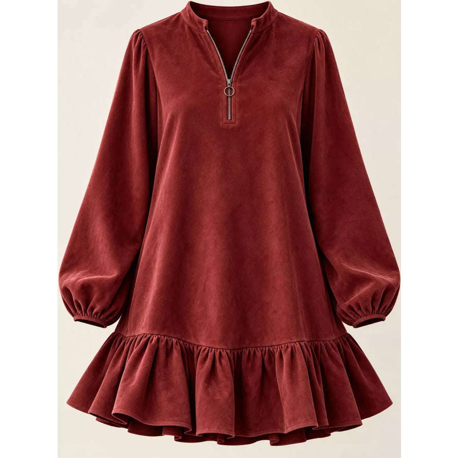 Quarter-Zip Ruffle Hem Mini Dress Apparel and Accessories