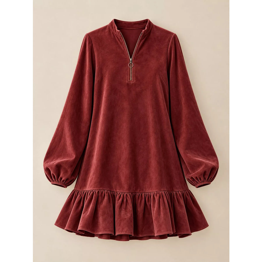 Quarter-Zip Ruffle Hem Mini Dress Apparel and Accessories