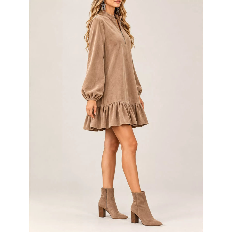 Quarter-Zip Ruffle Hem Mini Dress Apparel and Accessories