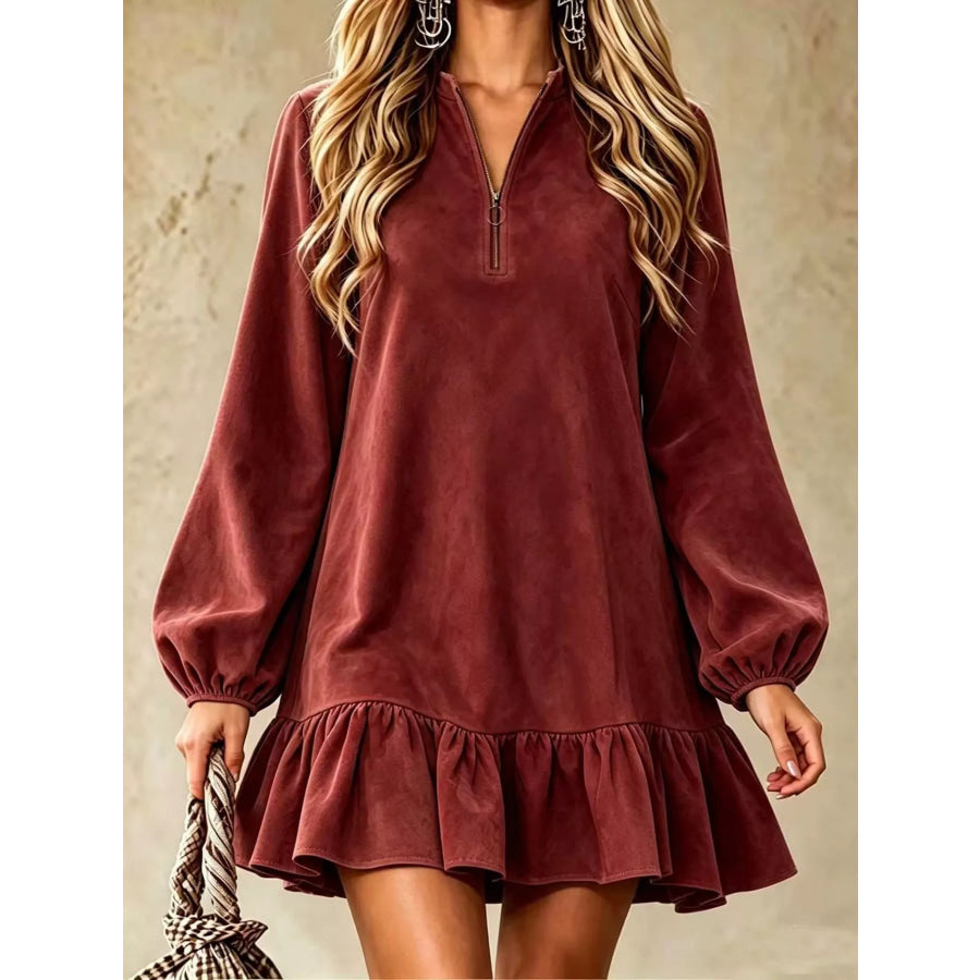 Quarter-Zip Ruffle Hem Mini Dress Burgundy / S Apparel and Accessories