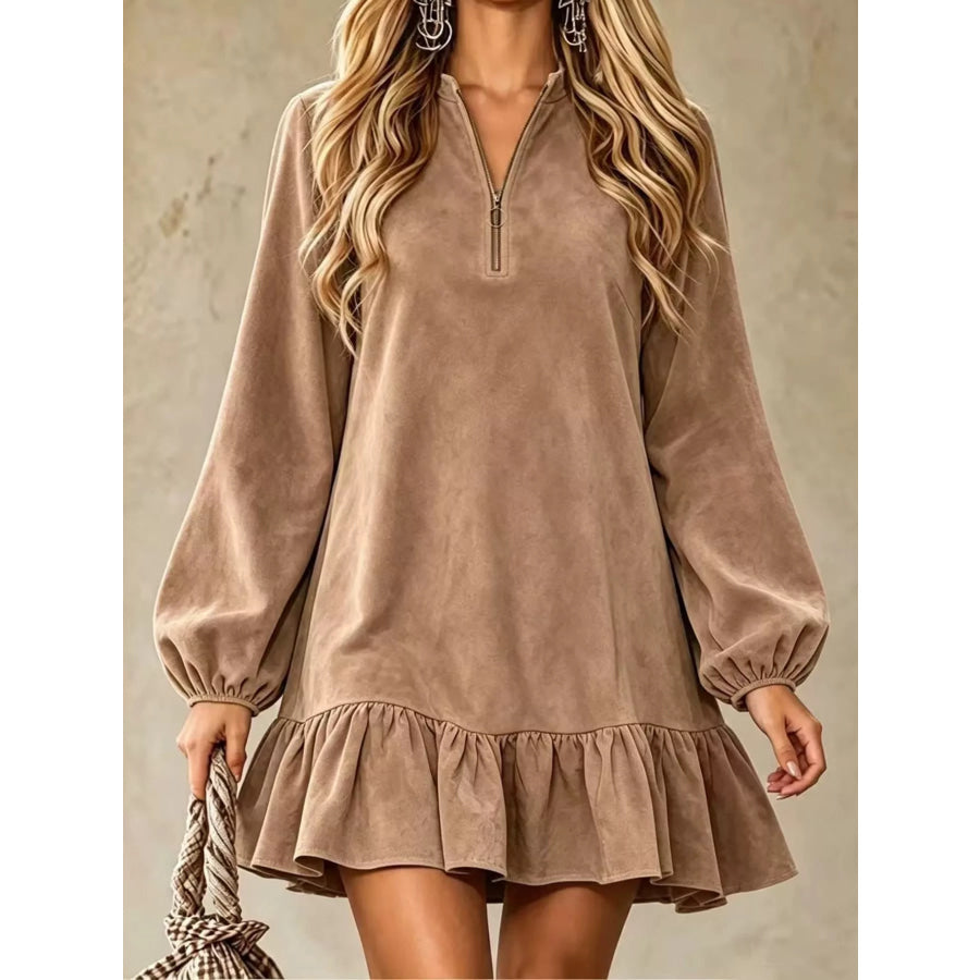 Quarter-Zip Ruffle Hem Mini Dress Camel / S Apparel and Accessories