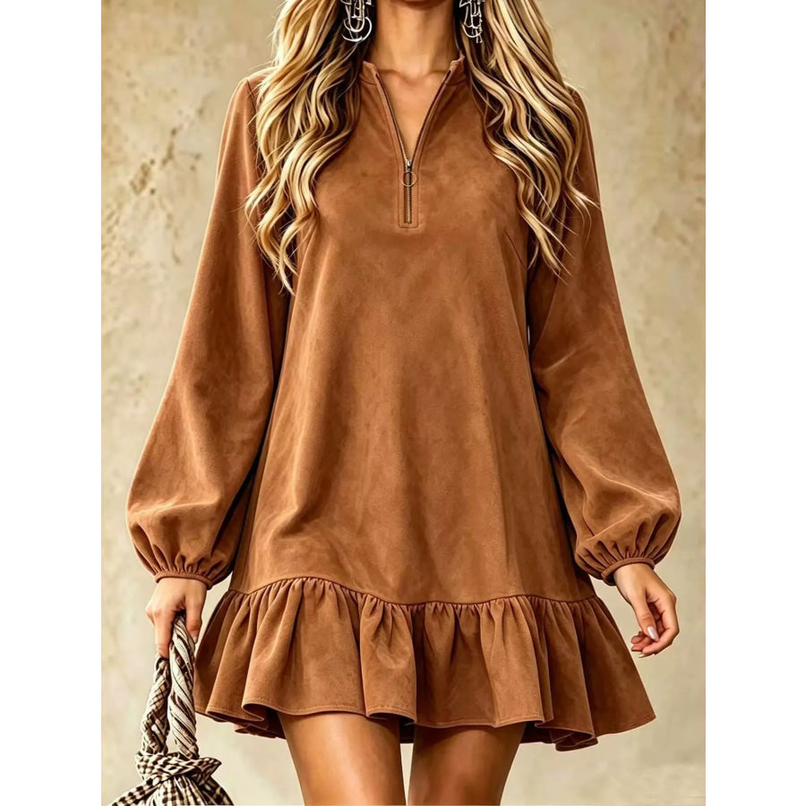 Quarter-Zip Ruffle Hem Mini Dress Dark Brown / S Apparel and Accessories