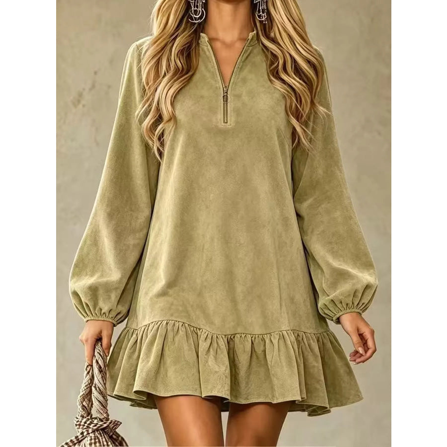 Quarter-Zip Ruffle Hem Mini Dress Matcha Green / S Apparel and Accessories