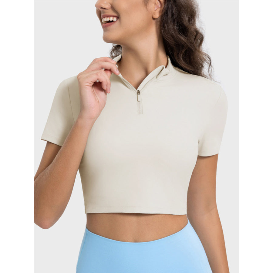 Quarter Zip Short Sleeve Active T-Shirt Beige / 4 Apparel and Accessories
