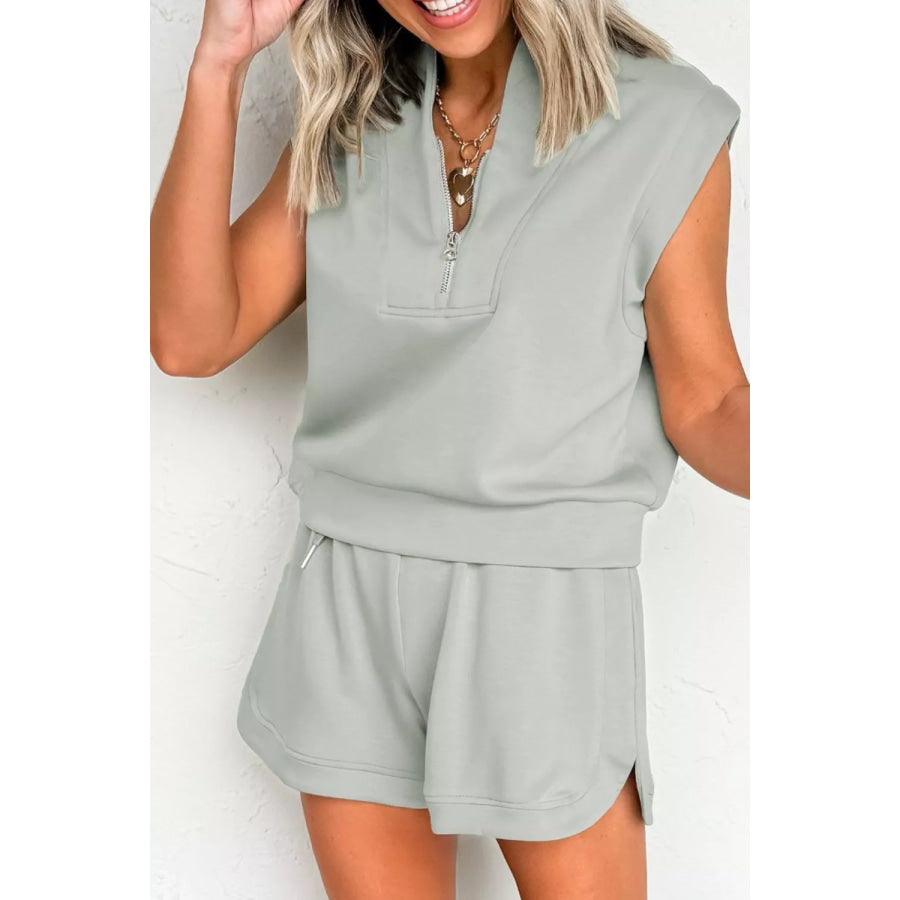 Quarter Zip Sleeveless Top Drawstring Shorts Casual 2pcs Outfit Apparel and Accessories